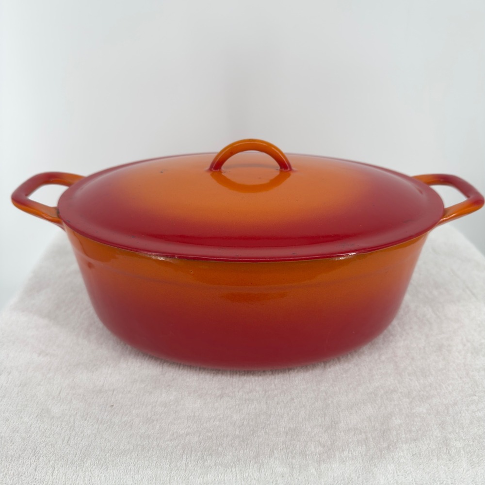 VTG Descoware Enameled Cast Iron Oval Dutch Oven Flame Orange Red Ombre Belgium
